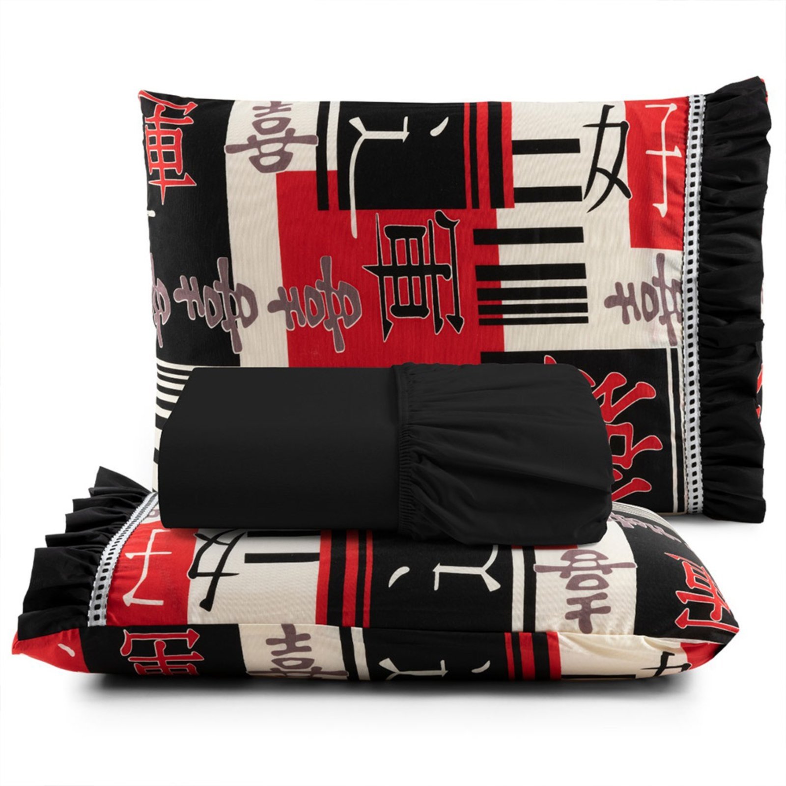 Jogo Cama Lençol Fiore Casa Scarpa King Estampado 180 Fios 100% Algodão com Babadinho 3 Peças Preto Oriental Japonês