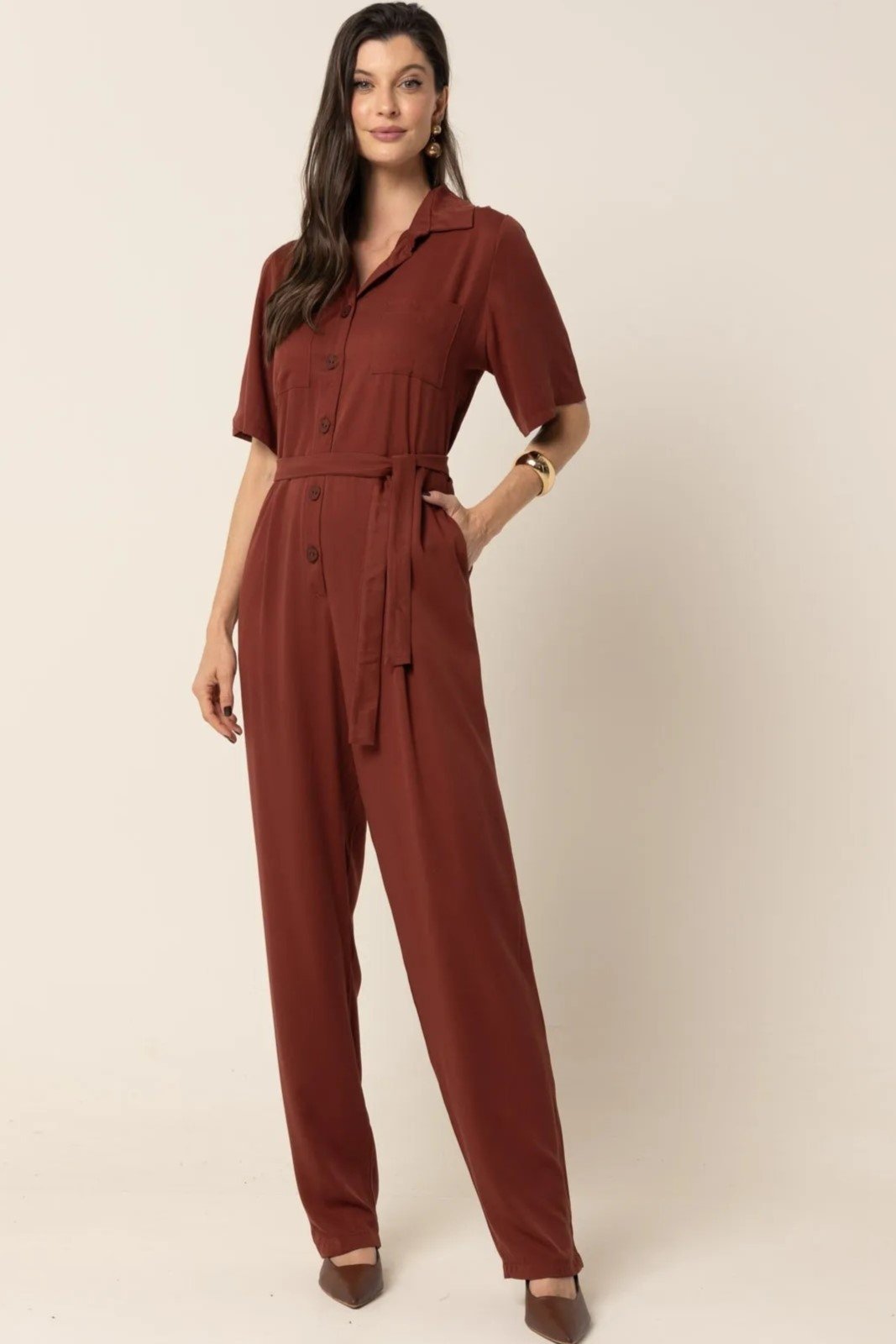 Macacão Ivy Longo Clássico Em Viscose – Marrom Ganache