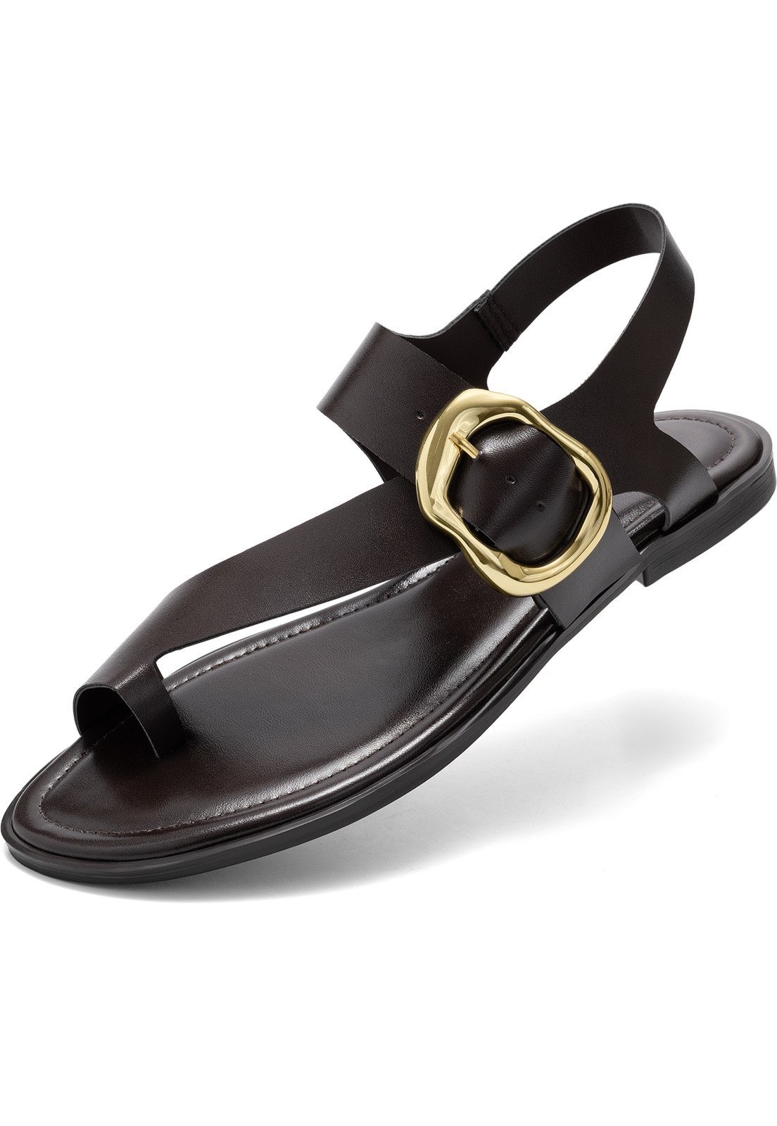 Sandália Feminina Rasteira Lumiss Confortável Bico Redondo Maxi Fivela Marrom