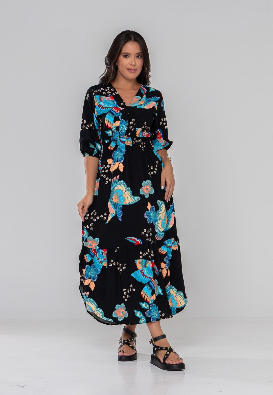 Vestido Aura Joana Pássaros Sintonia Preto