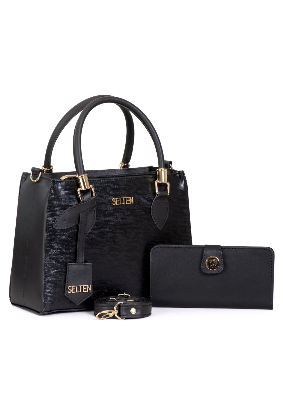 Kit Bolsa Tranversal Feminina Média com Carteira Preta Selten