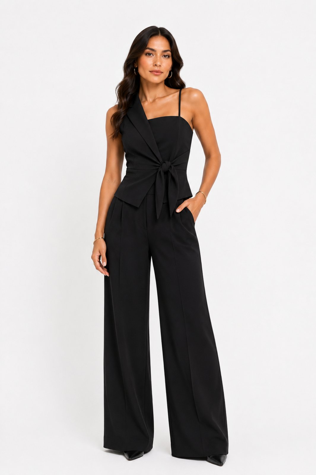 Conjunto D Bell Outlet Fashion Blusa Amarração Frontal e Calça Pantalona Preto