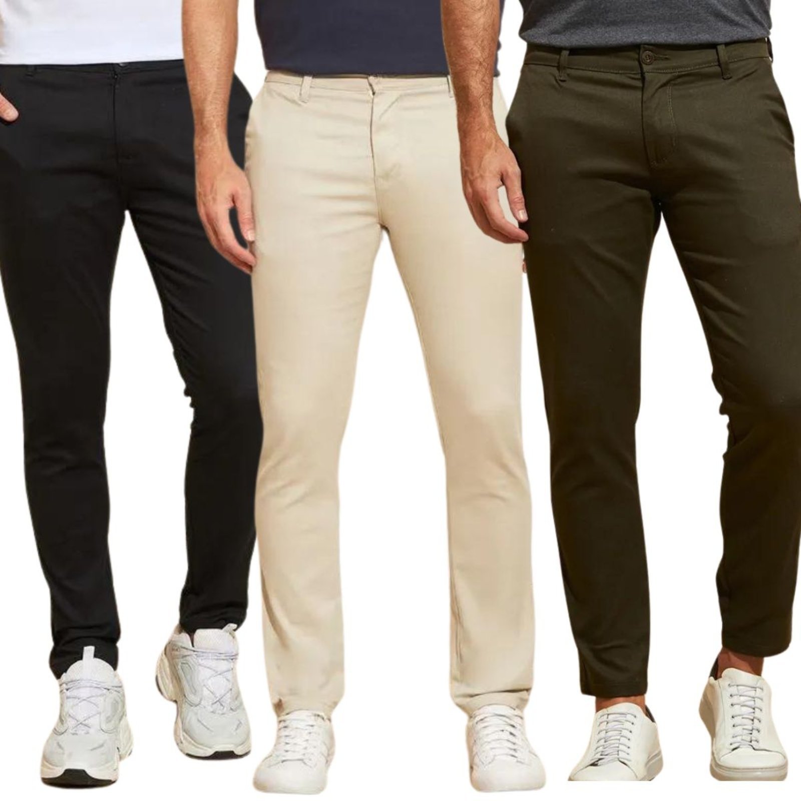 Kit 3 Calças FMF de Sarja Chino Com Bolso Traseiro Embutido Alfaiataria Skinny