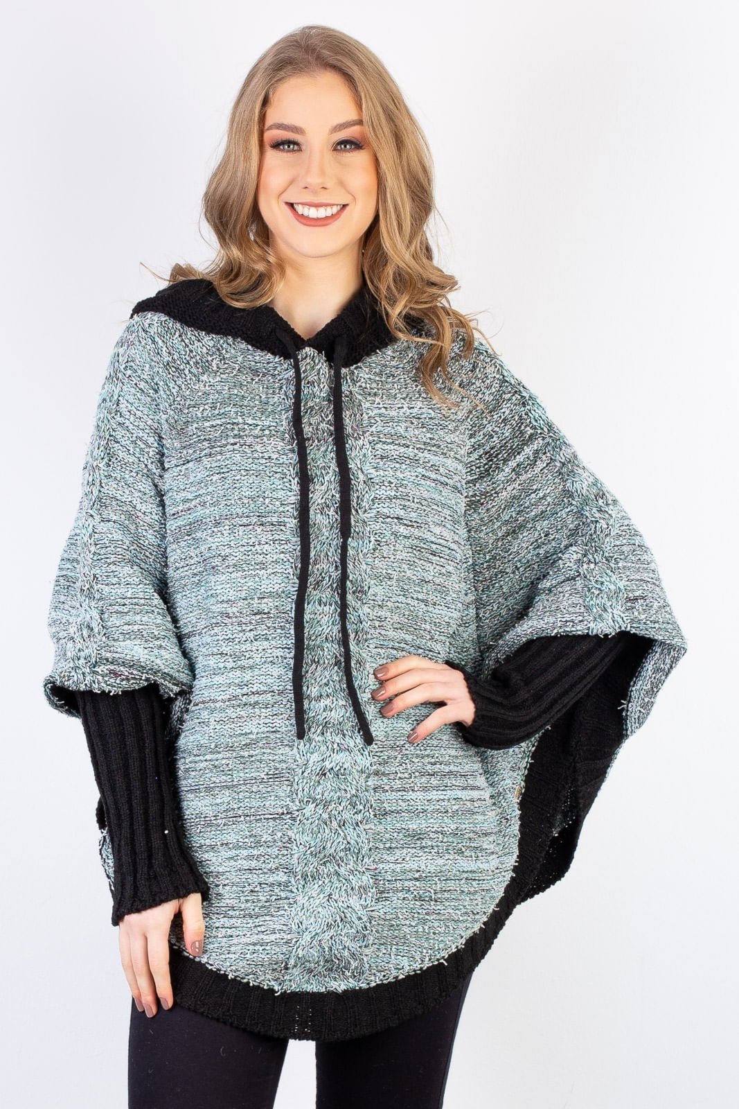 Poncho feminino de malha patchwork 60003 - Preto/Verde