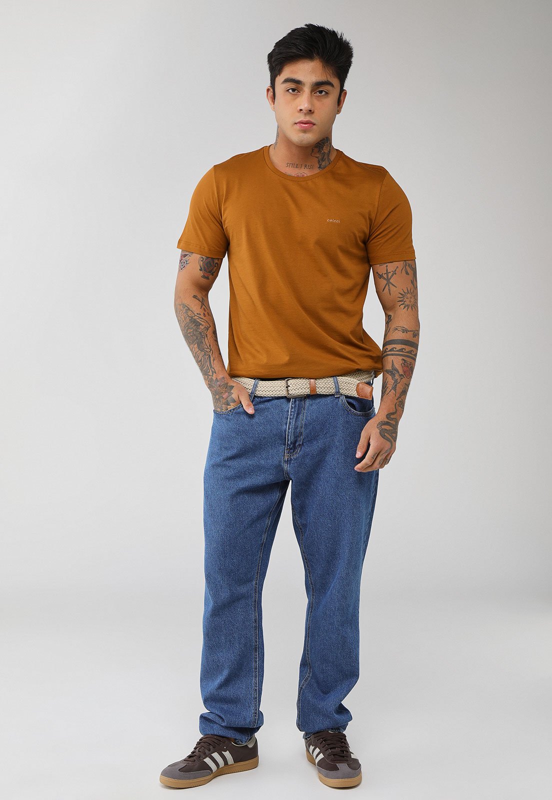 Vista 3 Camiseta Masculina Colcci Logo Bordado Mostarda caramelo Colcci caramelo