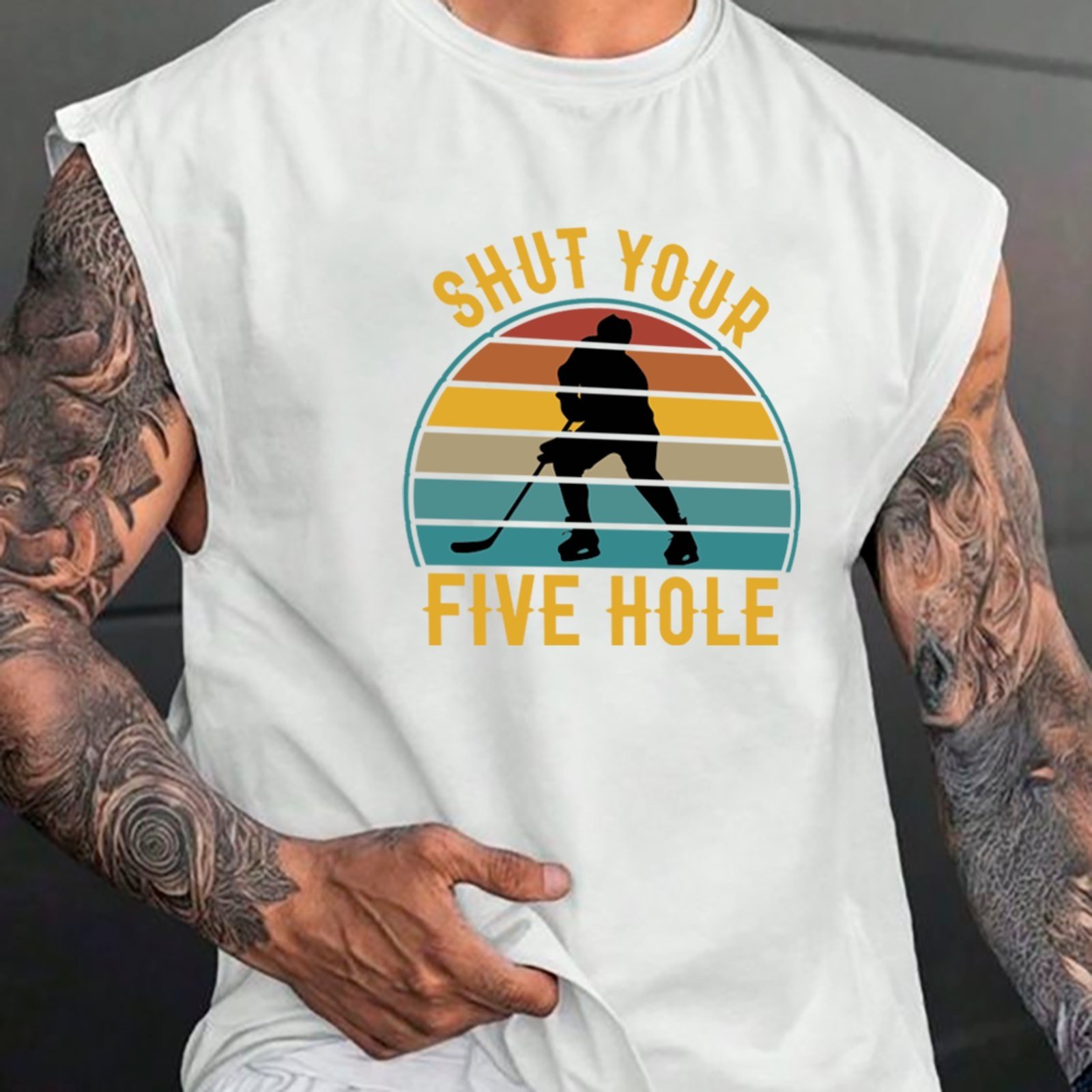 Camiseta Regata Machão Ousy Shut Your Five Hole Oversized Masculina Branco