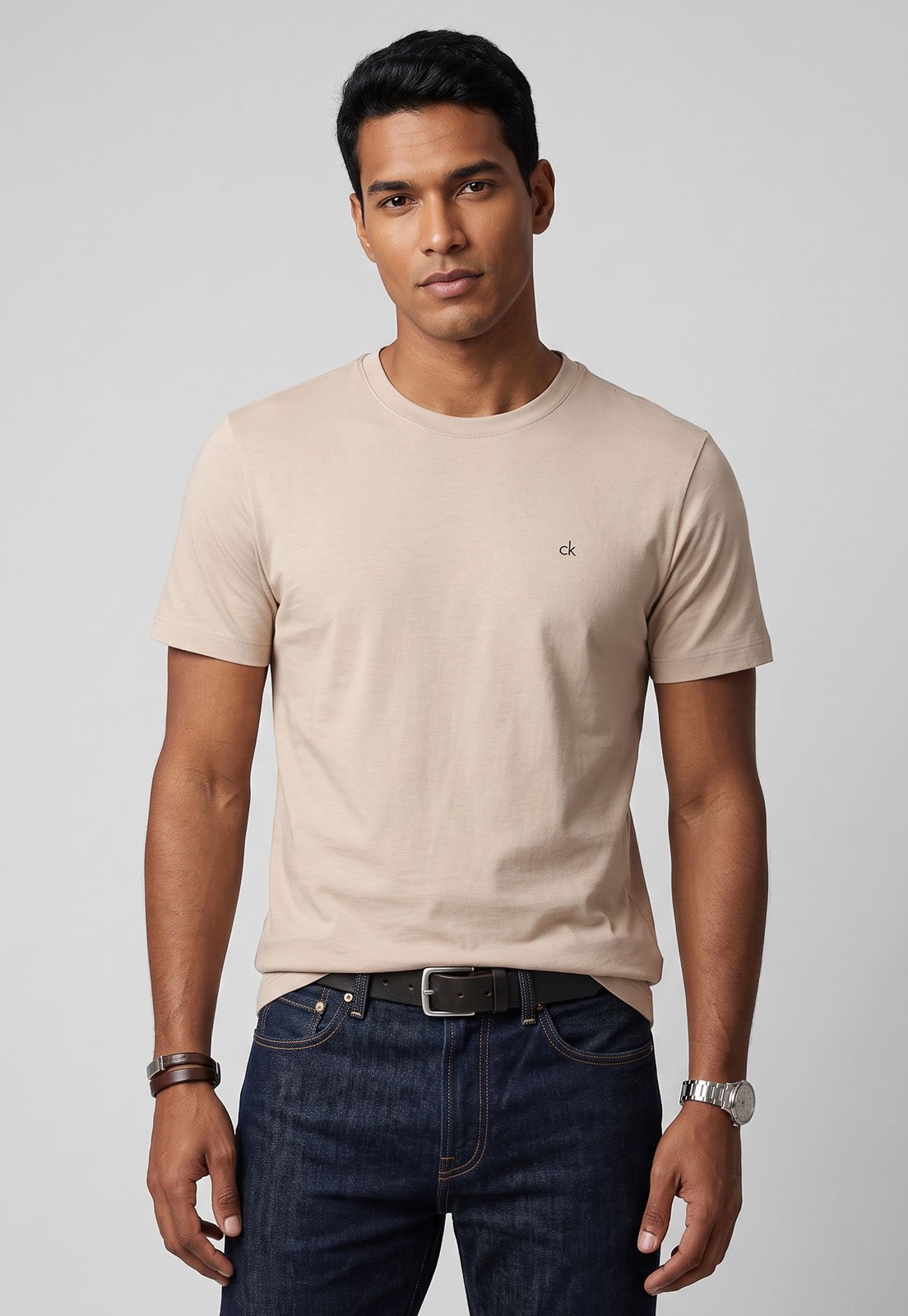Camiseta Masculina Calvin Klein Meia Malha Algodão Bege
