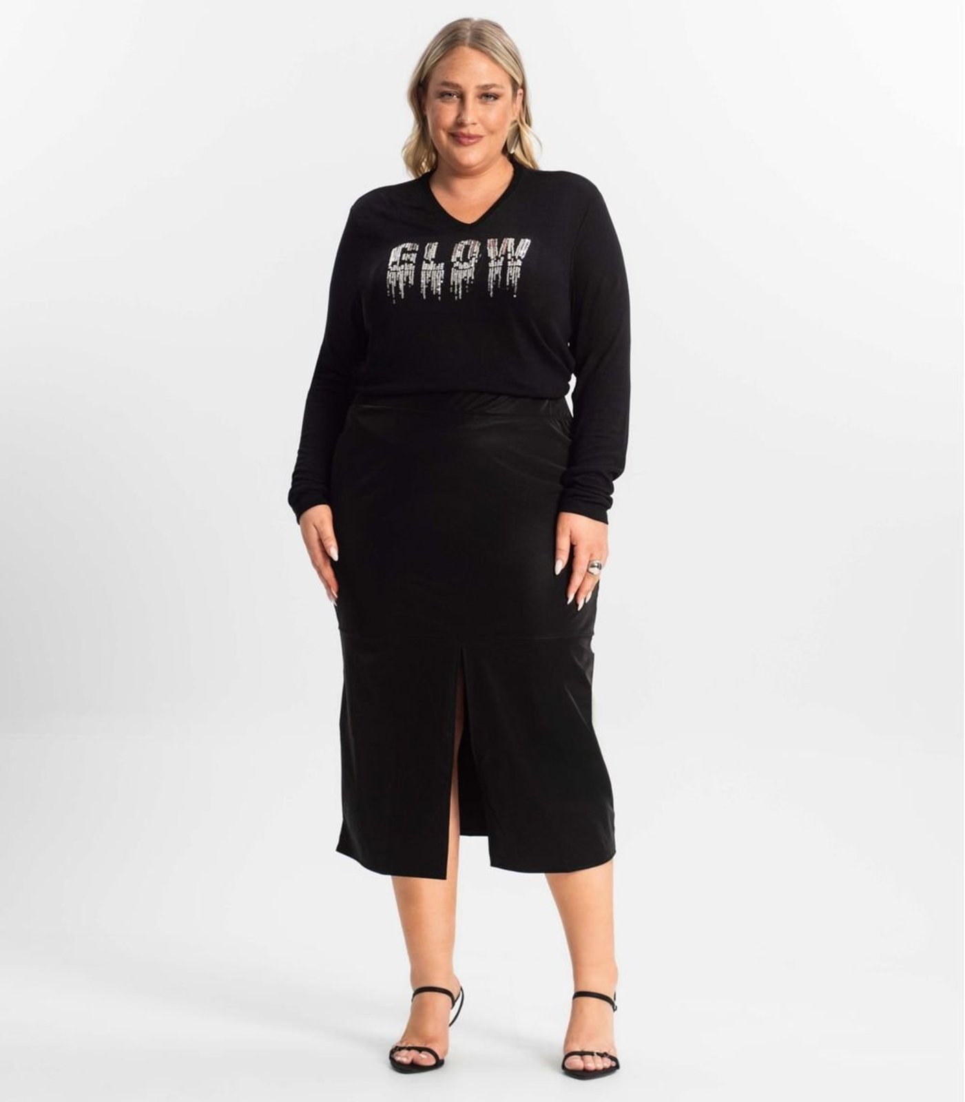 Saia Midi Plus Size Com Fenda Secret Glam Preto