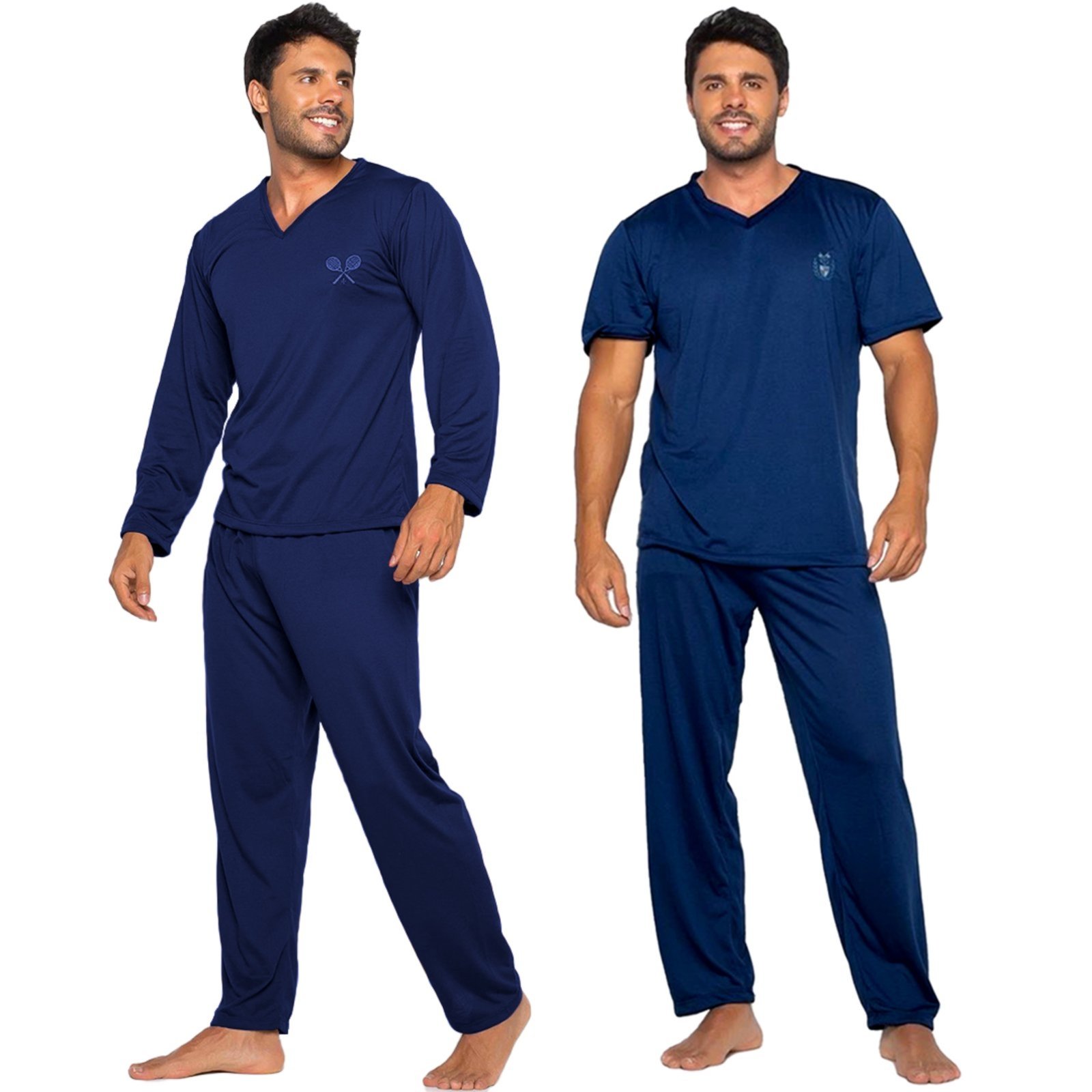 Kit Trajes de Dormir Gabi Lingerie Lisos Poliéster Pijama Masculino Conforto Manga Curta e Manga Longa Azul Marinho