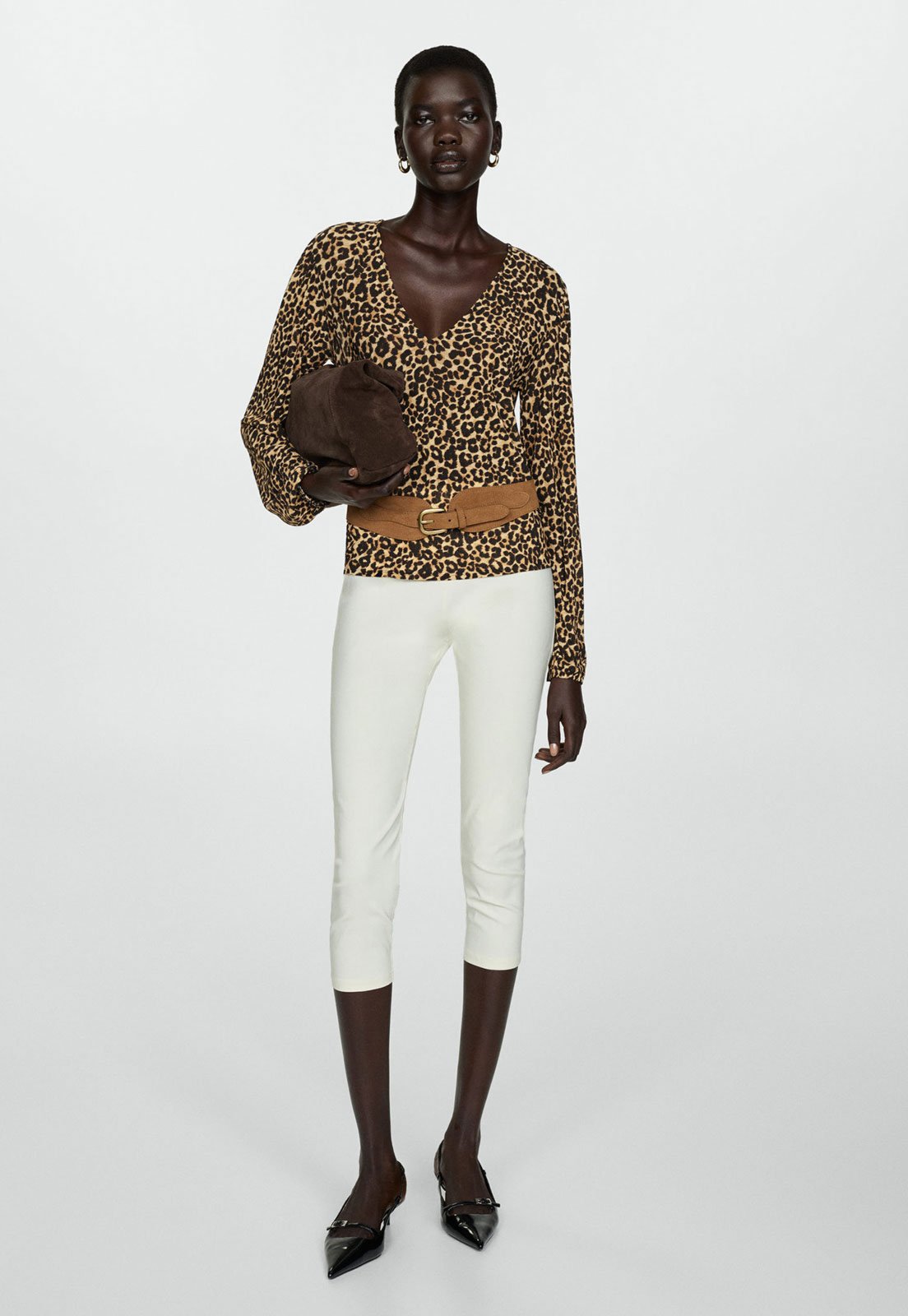 Vista 3 Blusa Mango Reta Animal Print Lin bege Mango bege