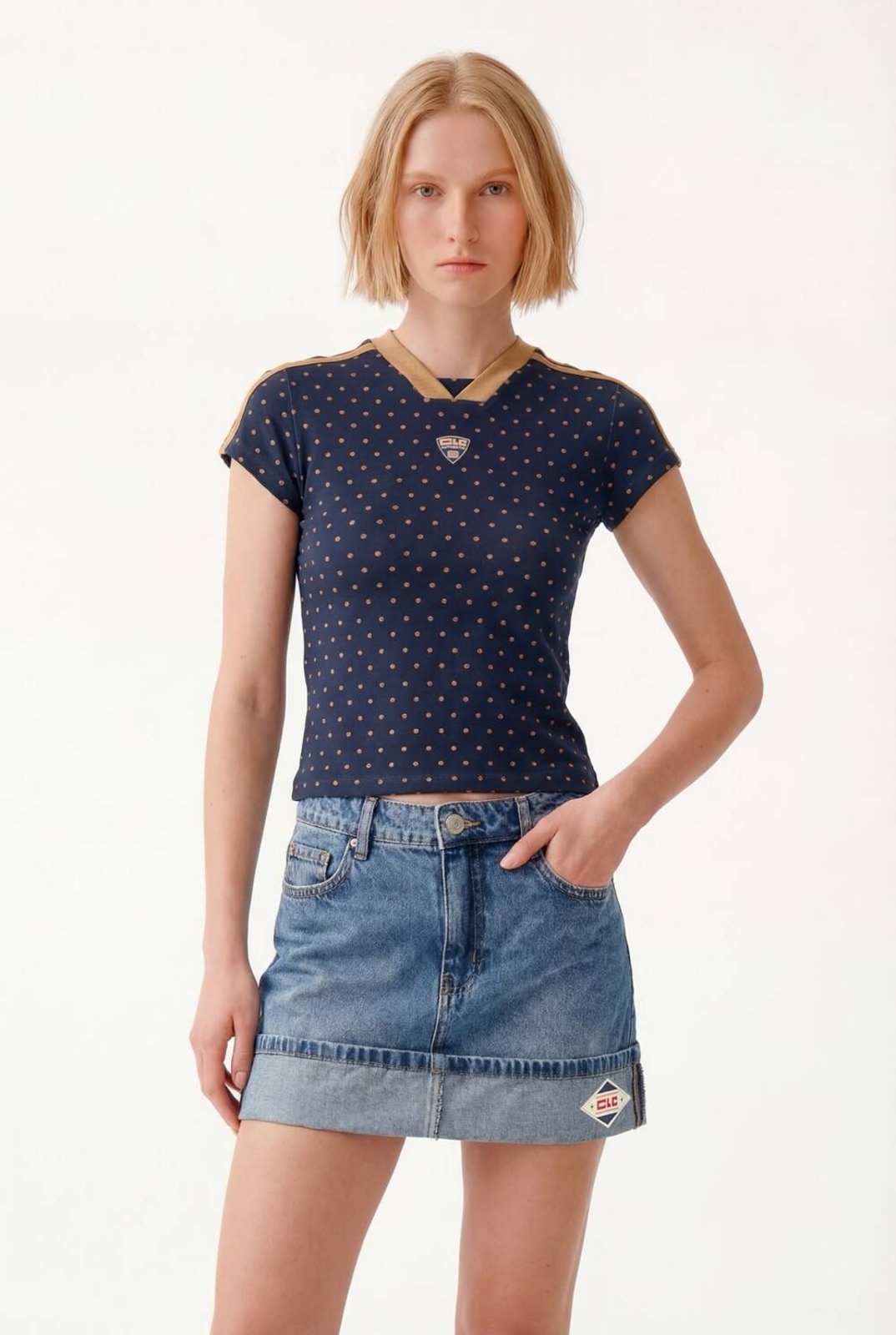 Camiseta Feminina Baby Look - Poá Navy Colcci CLC Azul Poá Navy