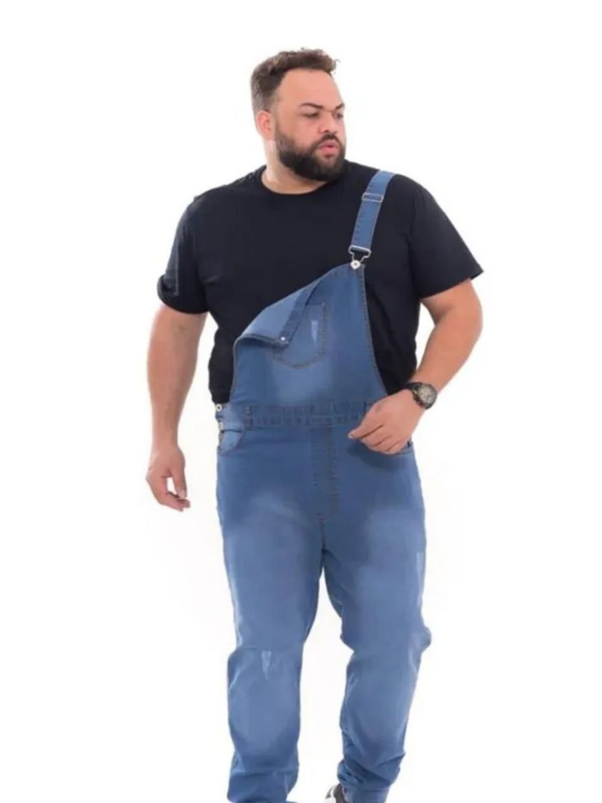 Macacão Jardineira Masculino Jeans Light Plus Size Azul Claro