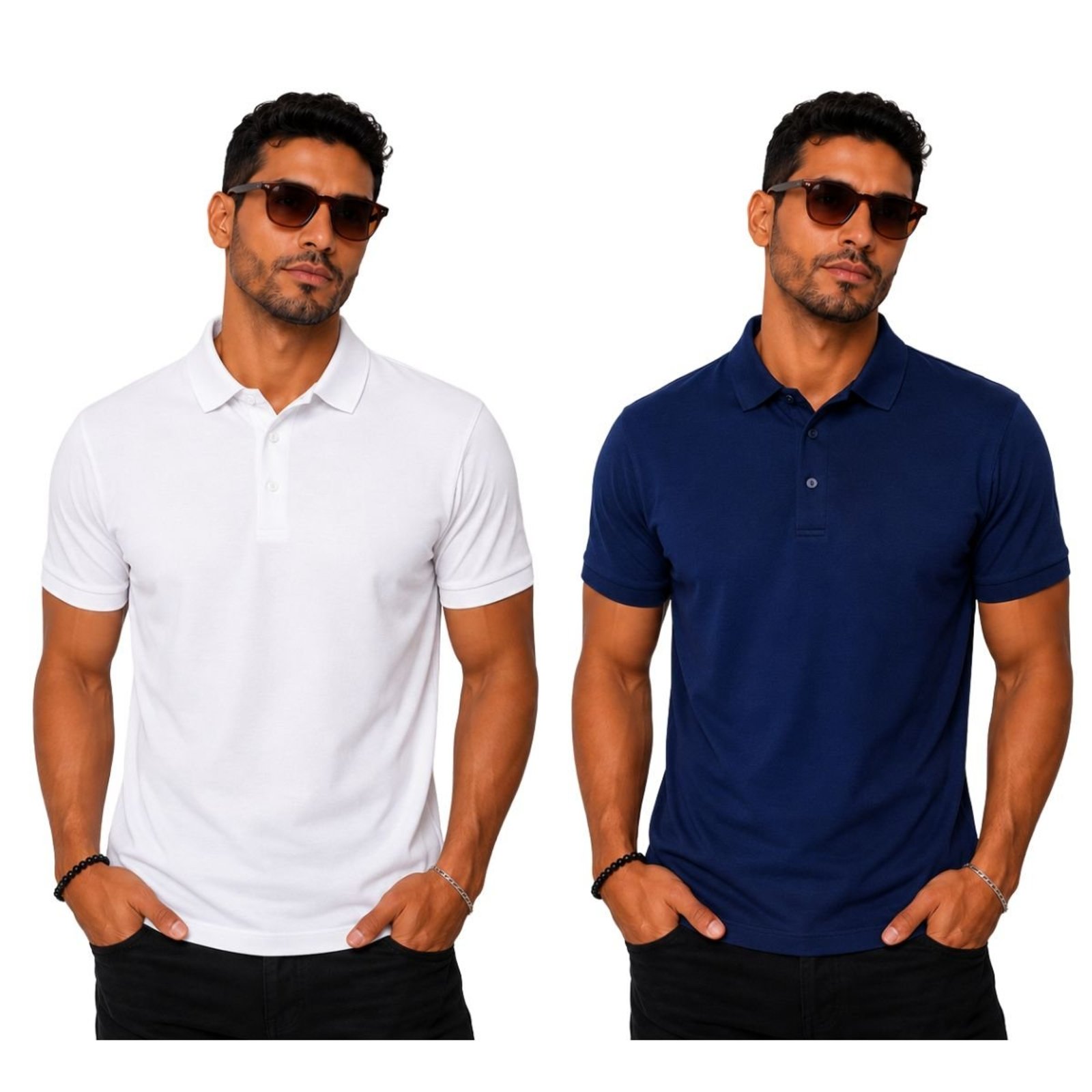 Kit 2 Camisas Polo Masculina Poliamida Premium Branco e Marinho