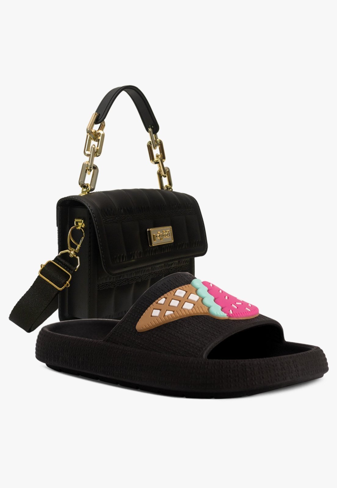 Infantil – Kit Bolsa e Chinelo Slide Sandália Juvenil Menina Pópidi Preto