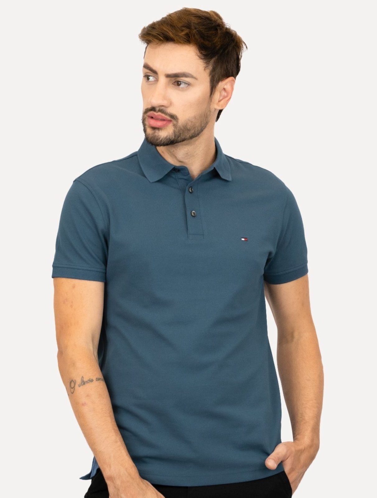 Polo Tommy Hilfiger Masculina Slim Piquet 1985 Aegean Sea Azul Escuro