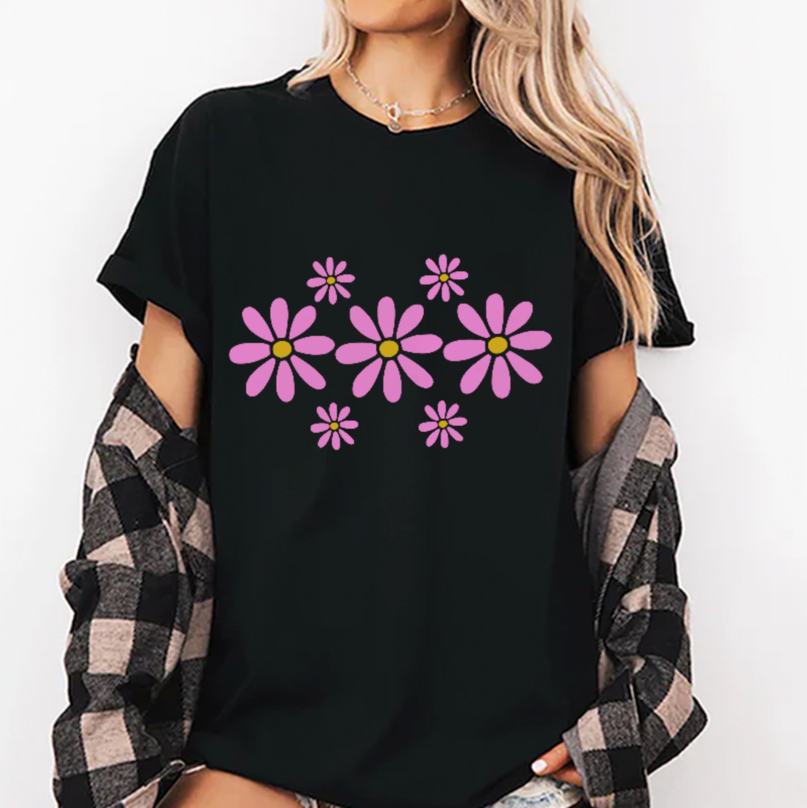 Camiseta Oversized Floral Cute Style Unissex Preto