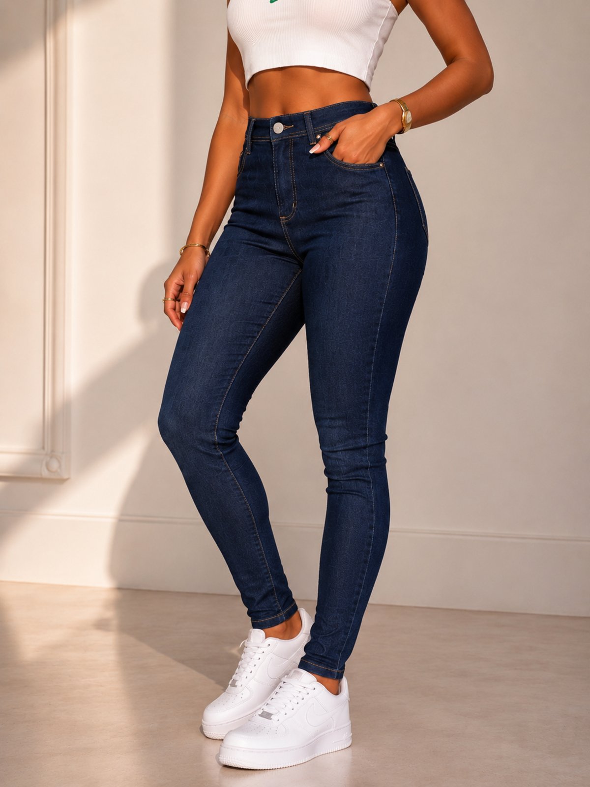Calça Jeans Feminina Skinny Cintura Alta Purple Jeans Azul Escuro Premium Modela Corpo Confortável Com Elastano