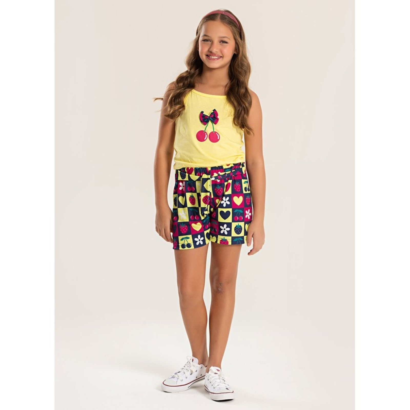 Infantil – Macaquinho Alcinha Verão Menina Amarelo Com Laço para Amarração Cerejas