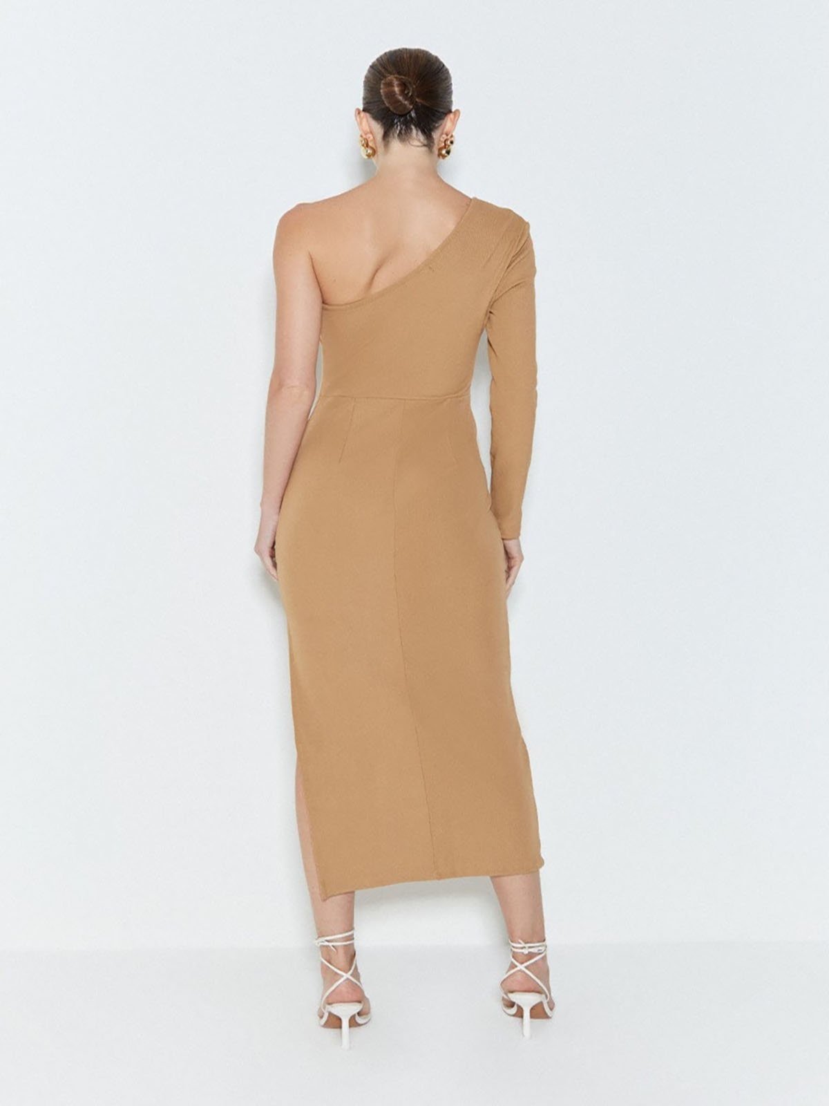 Vista 3 Vestido Midi Zen Um Ombro So Manga Longa Caqui cáqui caqui ZEN cáqui caqui