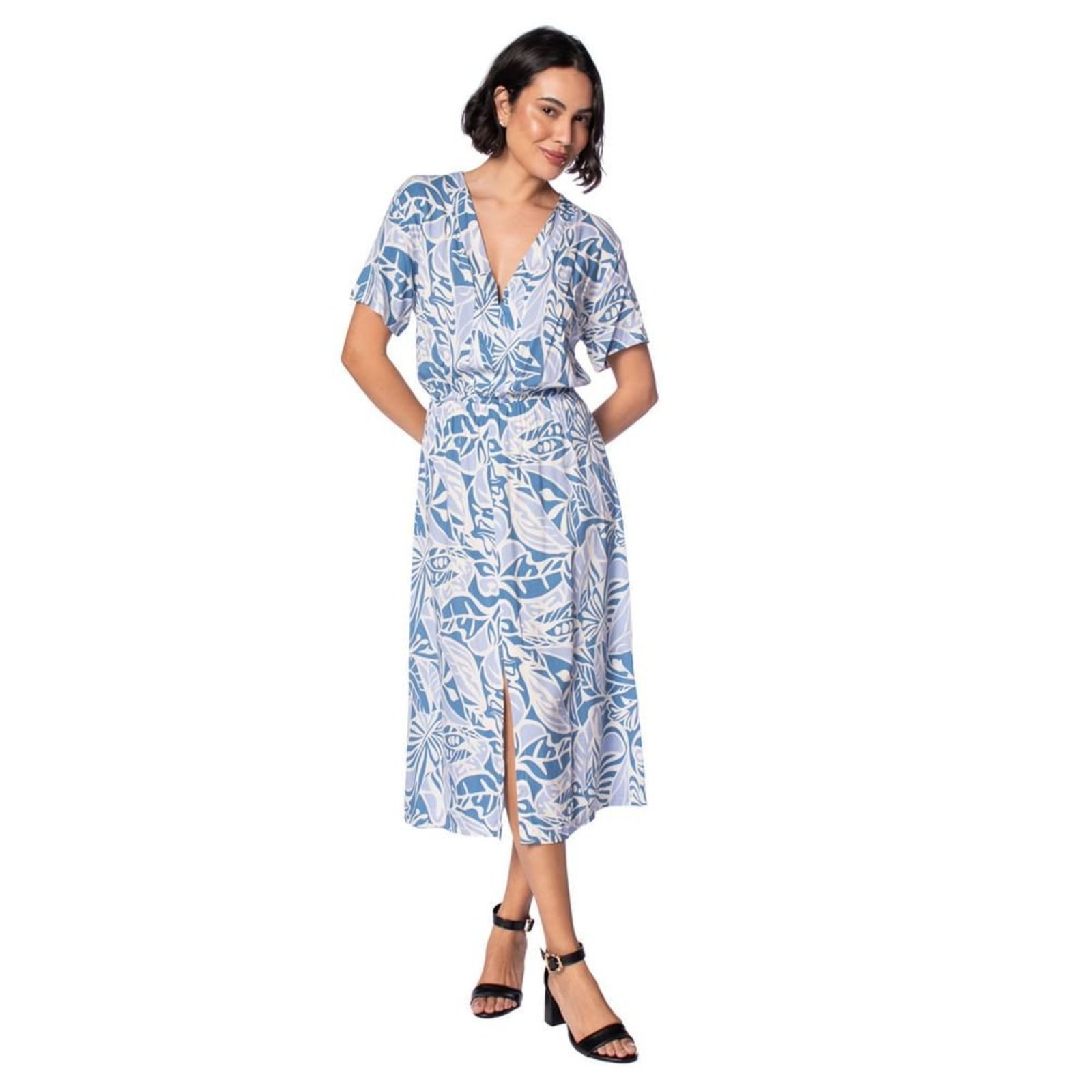 Vestido Feminino Averzzy Estampado Fenda Casual Azul/Branco