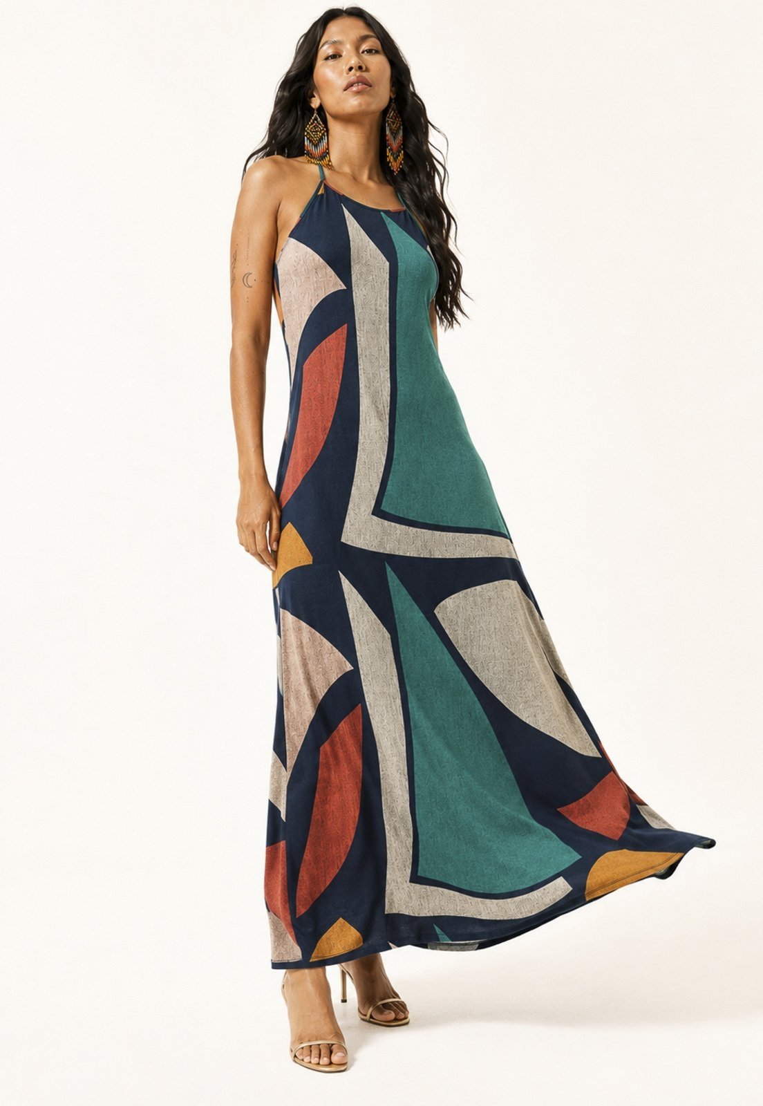 Vestido Amazonia Vital Longo Malha Trapézio Estampa Geometrias do Tempo