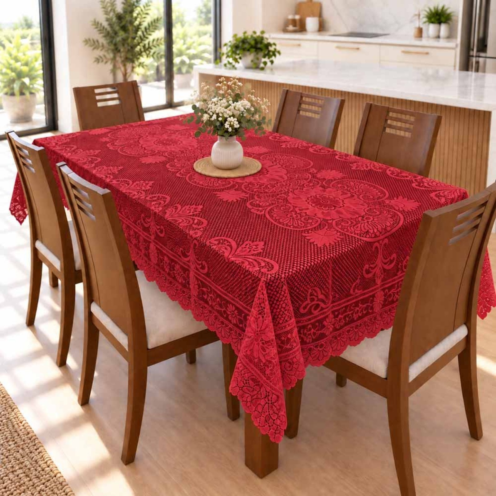 Toalha De Mesa Renda 1,50m x 2,30m Para Mesa 6 Lugares Fácil de Limpar Vermelho