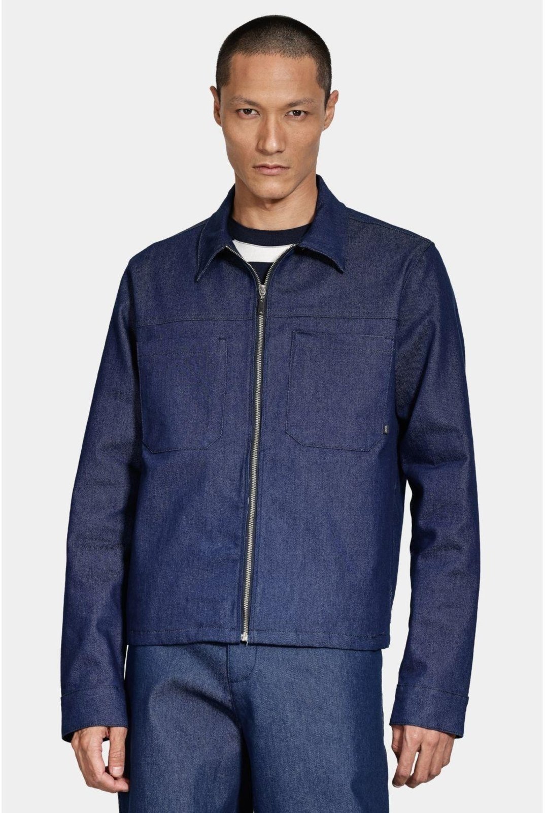 Jaqueta Jeans Aramis Com Zíper e Bolsos Azul Escuro
