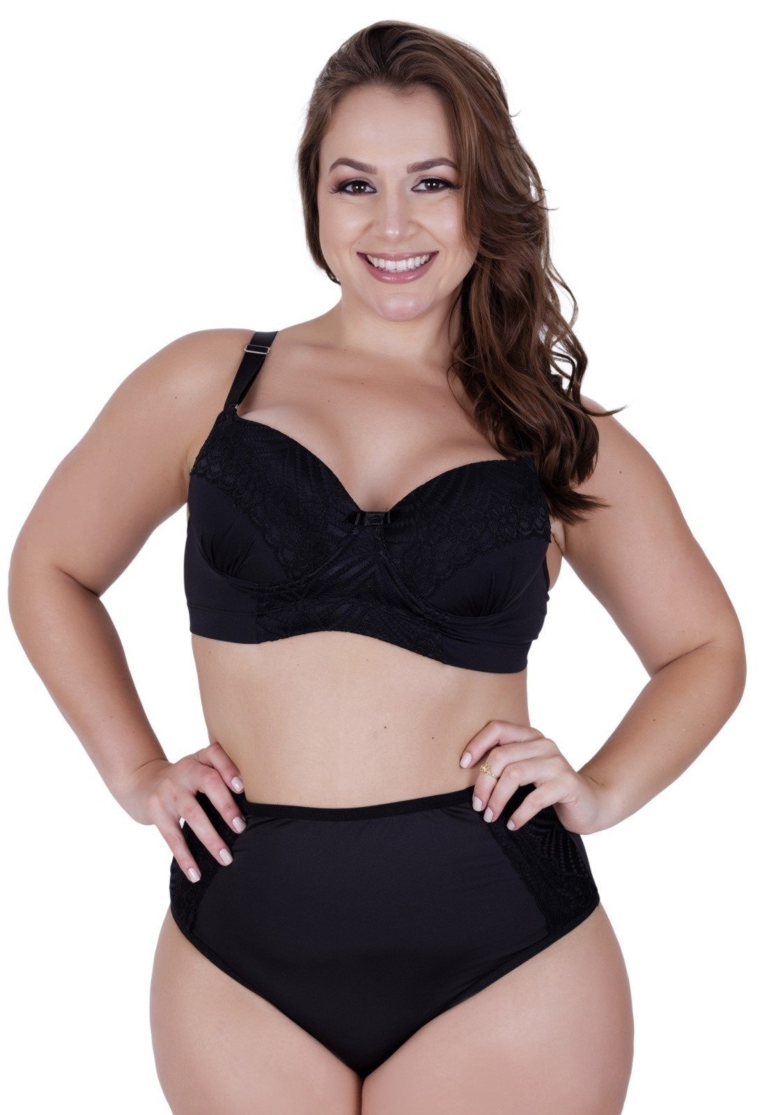 Conjunto de Lingerie Plus Size Sutiã Reforçado Calcinha Cós Alto Terra e Mar – CJ CAROLINA Preto