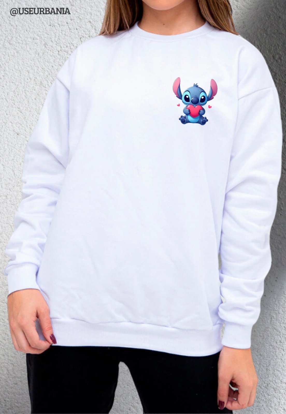 Blusa de Frio Moletom mooboo Flanelado Estampado Gola Redonda Moleton urbania Clássico Gola Careca Casaco Blusão Premium Branco mescla Estampa Stitch Coração