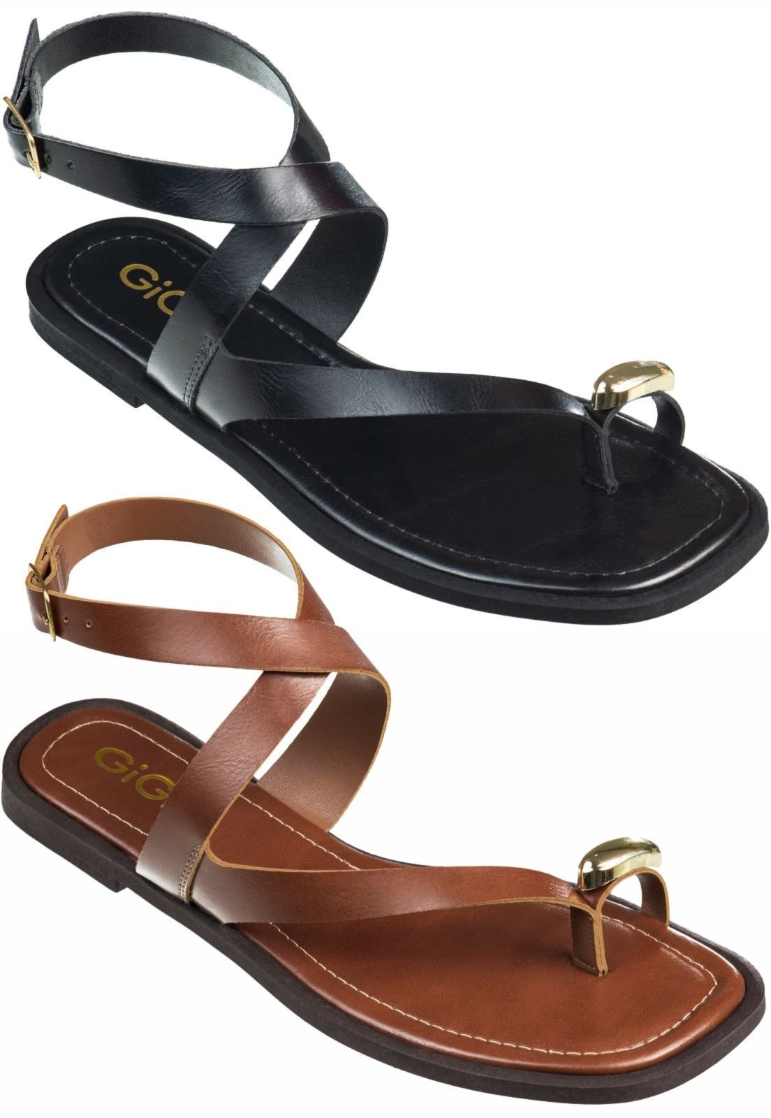 Kit 2 Pares Sandália Rasteira Feminina GiGiL Tiras Cruzadas Detalhe Metalizado Ring Toe Caramelo/Preto