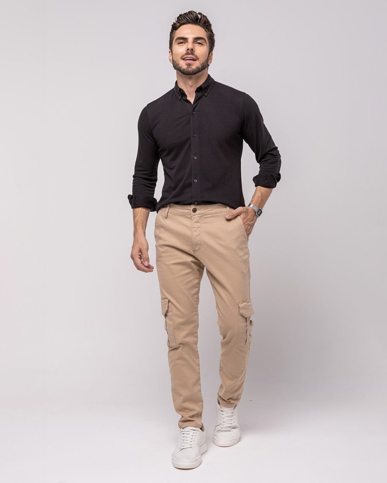 Calça Sarja Cargo Masculina Premium Cargo 24634 Bege Consciência