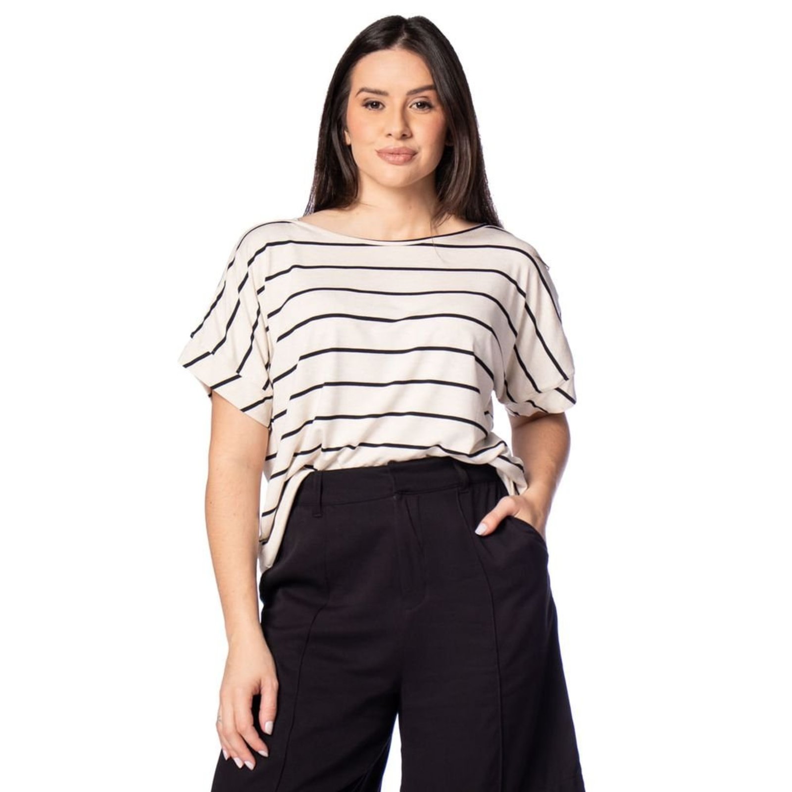 Blusa Feminina Biamar Ampla Listras Bege Claro/Preto