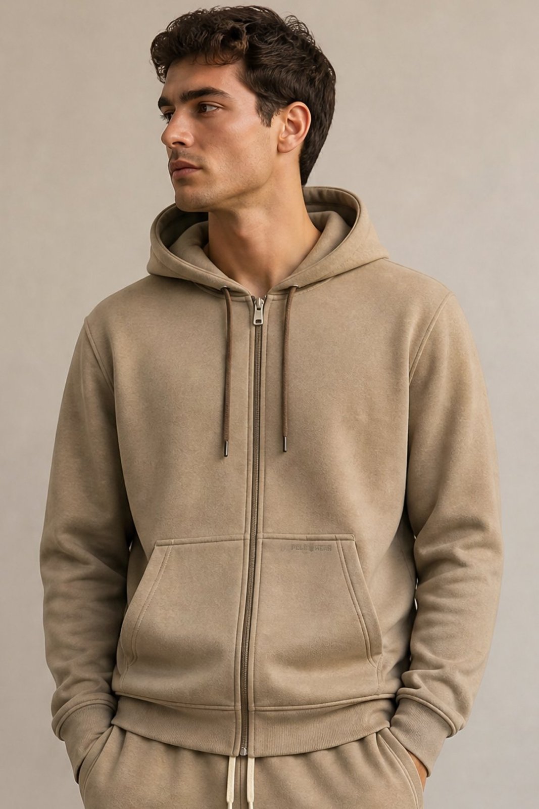 Jaqueta Moletom Masculina Com Zíper e Capuz Polo Wear Bege
