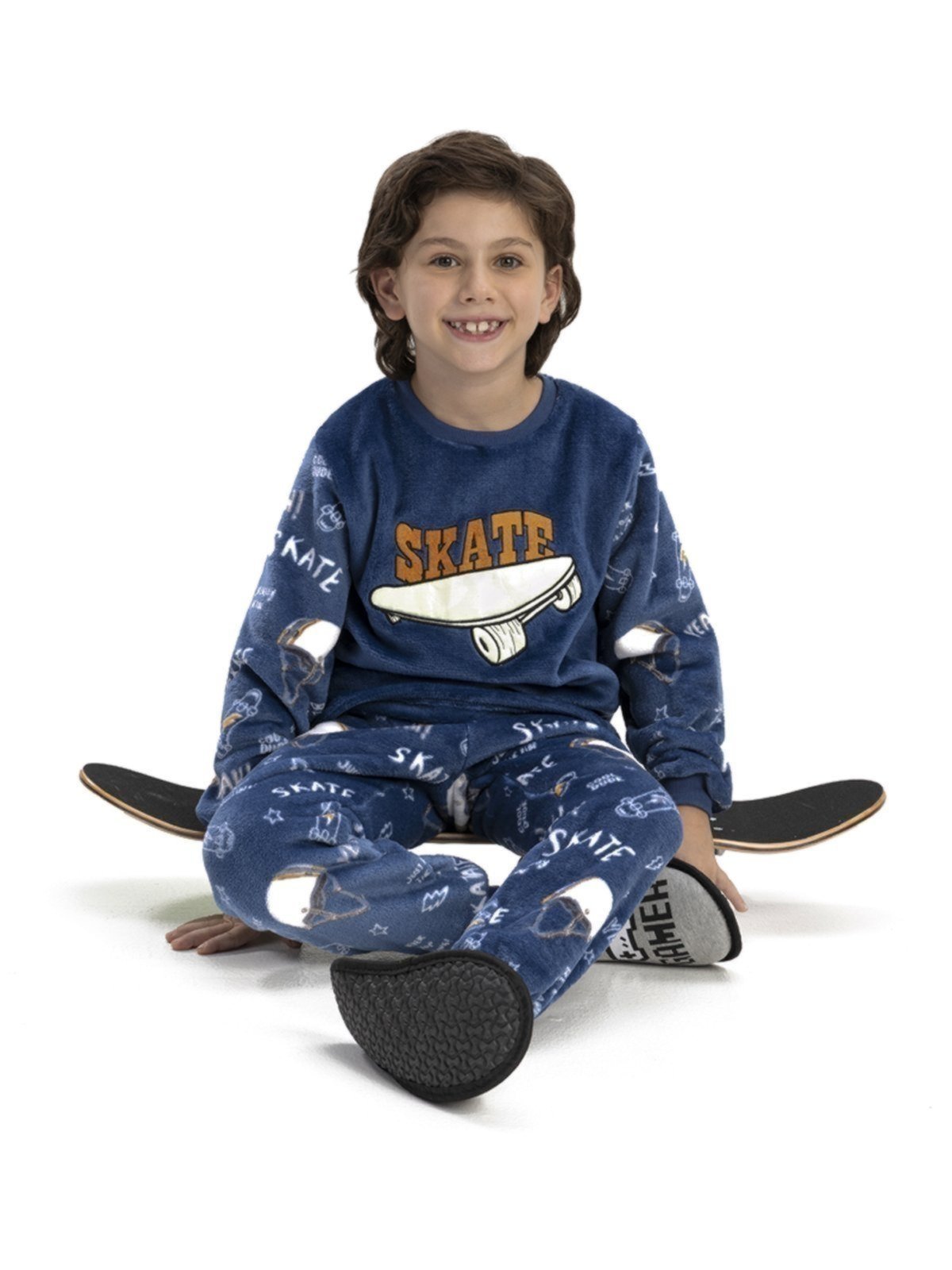 Pijama em Fleece Menino Brilha no Escuro Magicamente Skate Marinho