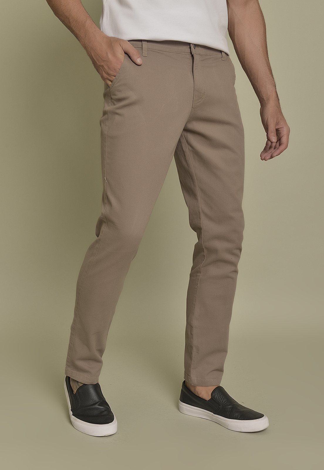 Calça Sport Fino Sarja Lemier Collection com Bolso-Faca Color Caqui Masculino