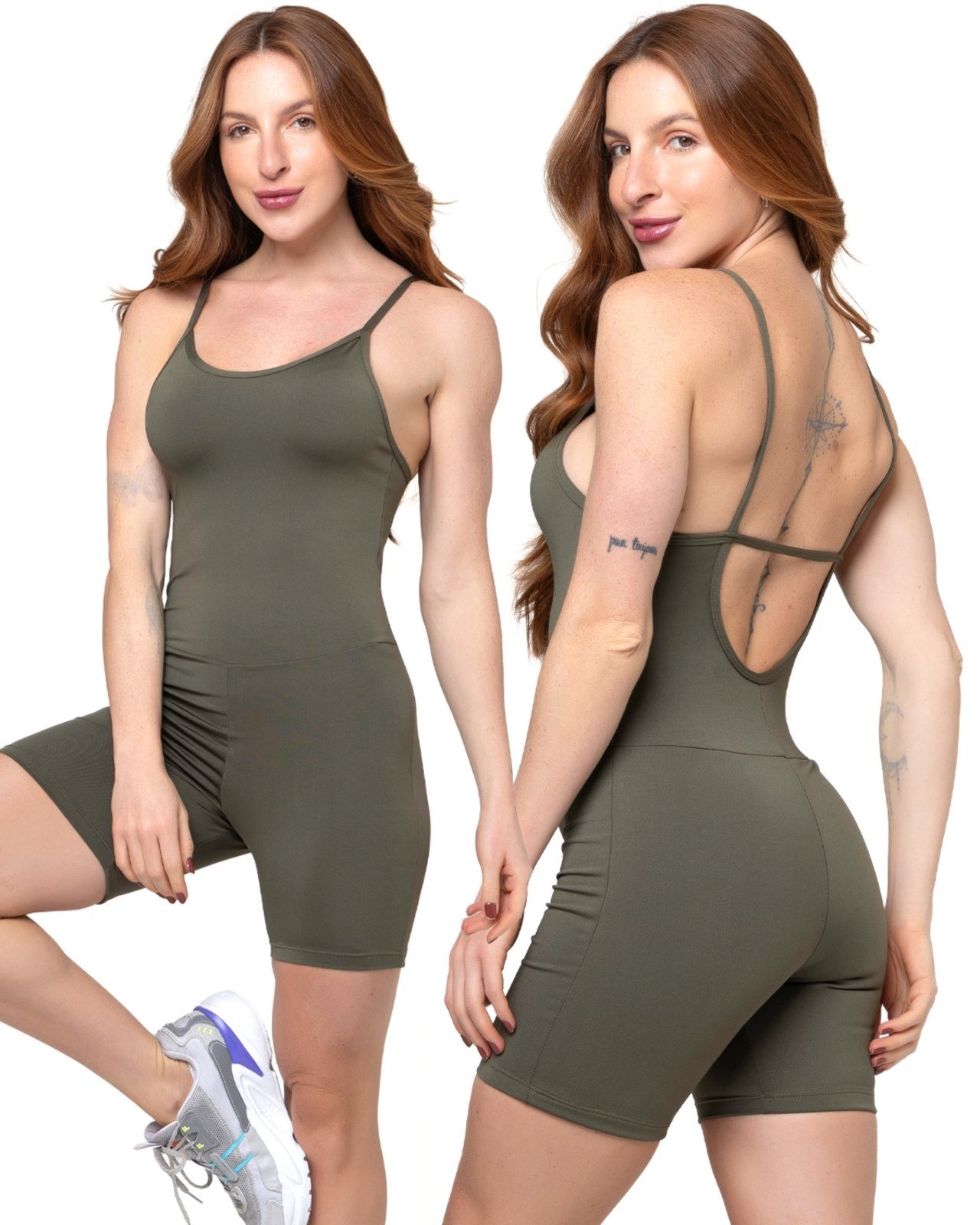 Macaquinho Fitness Alcinha Slim Zero Transparência Forrado Academia Macacão 048 VERDE