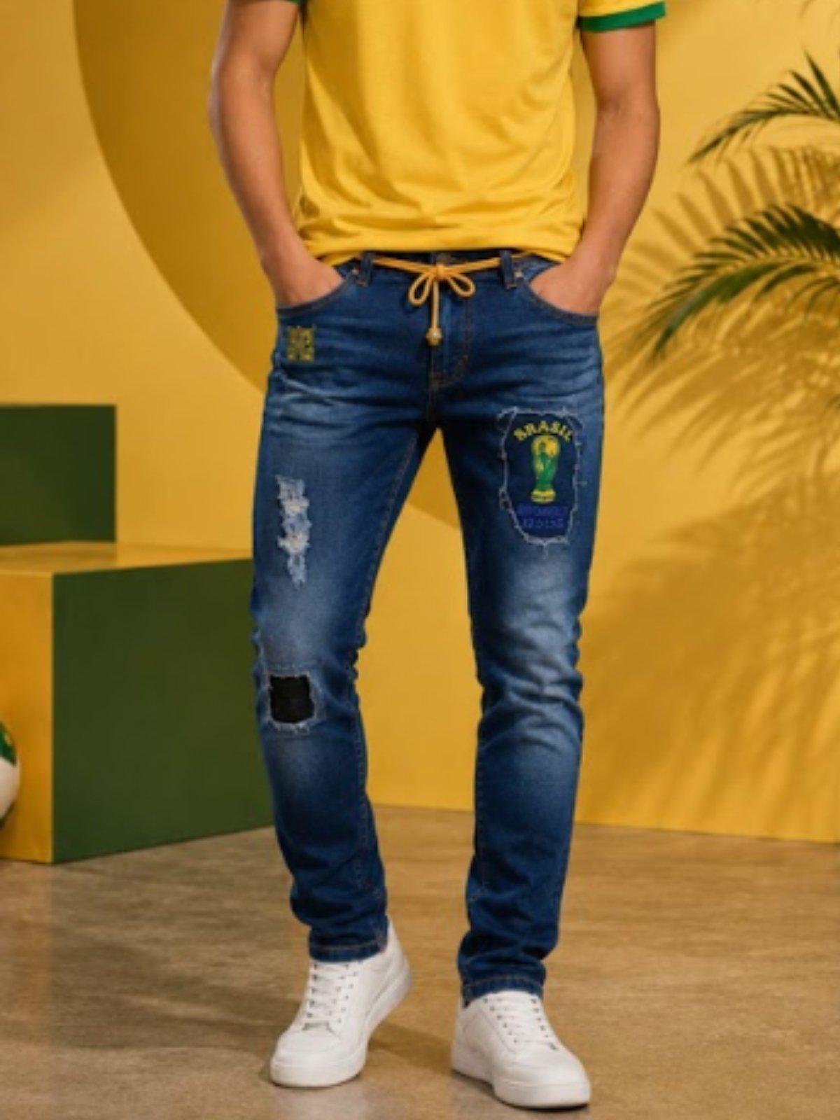 Calça Jeans Masculina Skinny Brasil Destroyed Premium Stretch Azul Escuro
