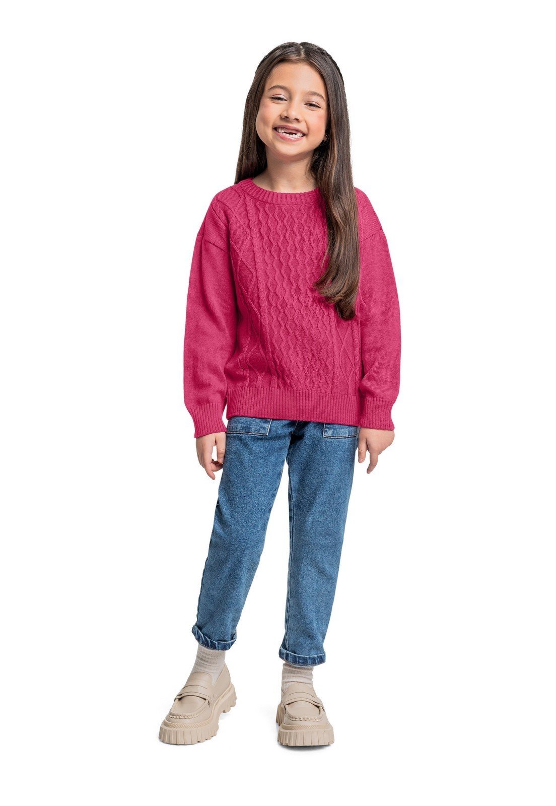 Infantil – Blusão em Tricô Menina Quimby Rosa Pink