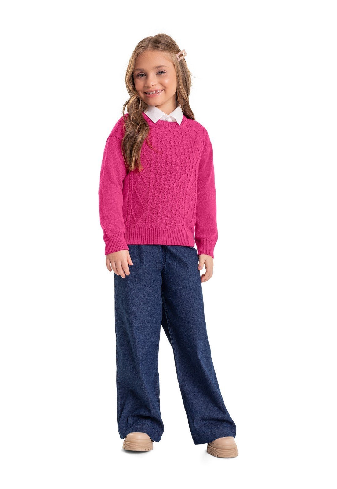 Vista 3 Infantil - Blusão em Tricô Menina Quimby Rosa Pink pink rosa Quimby pink rosa