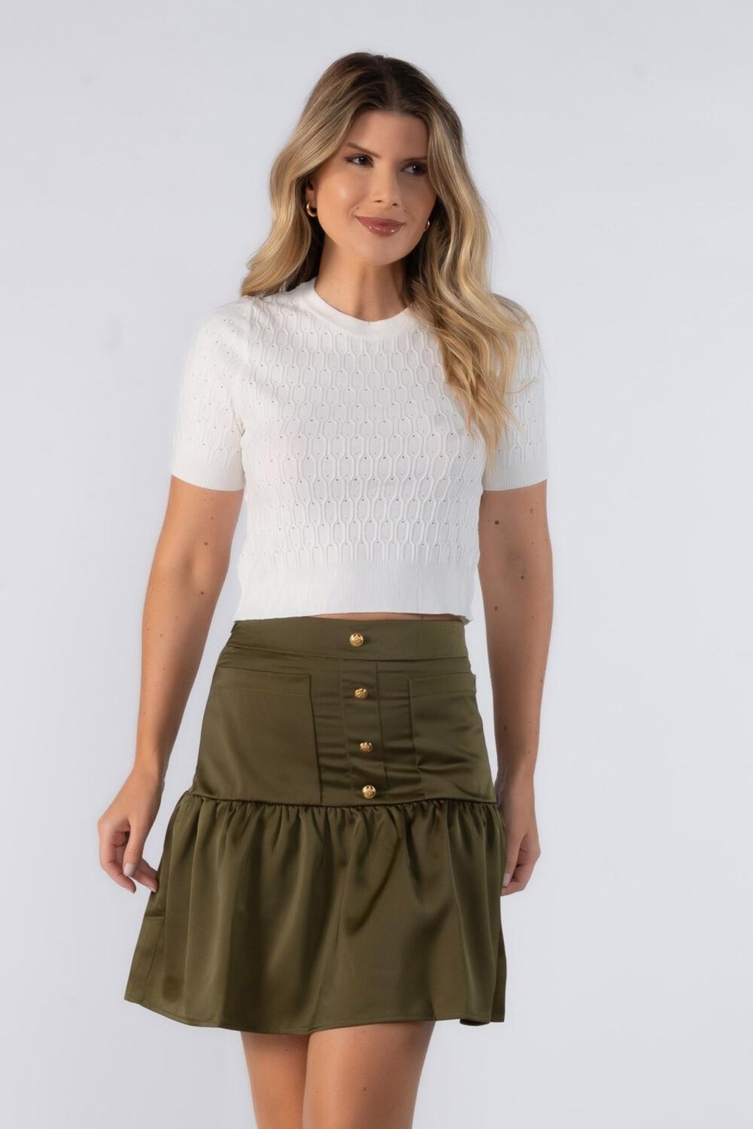 Saia Lamis babado botoes dourado e bolso Verde