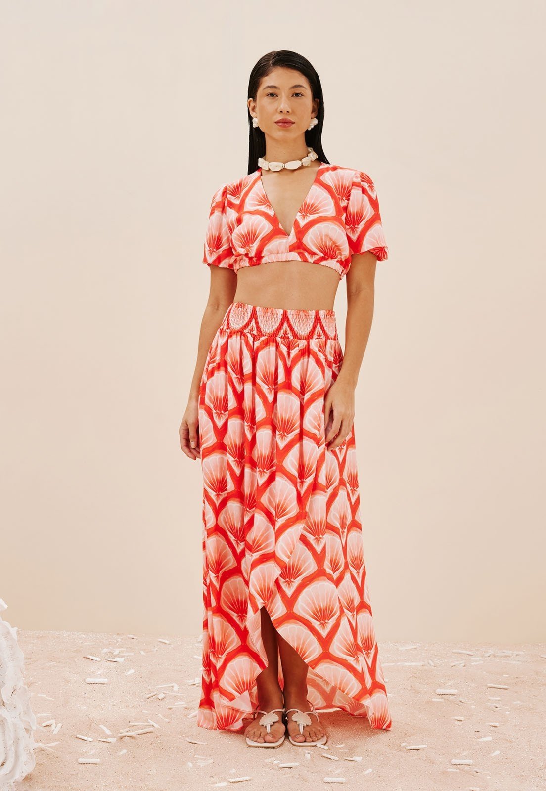 Saia CaCay Babados Pala Lastéx Estampada Pink Beach