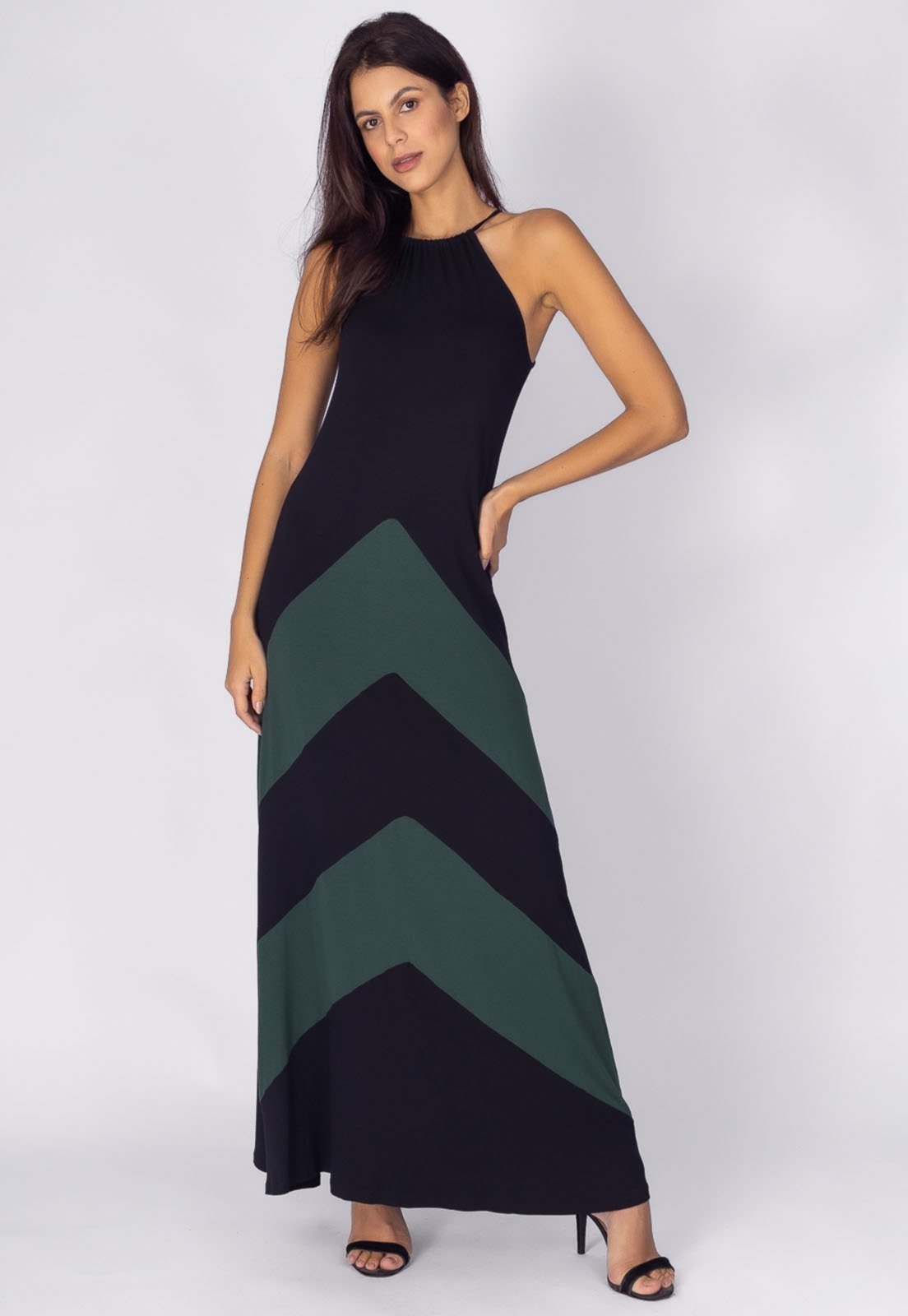 Vestido Longo Amazonia Vital Malha Trapézio Garota de Ipanema Preto e Verde Musgo