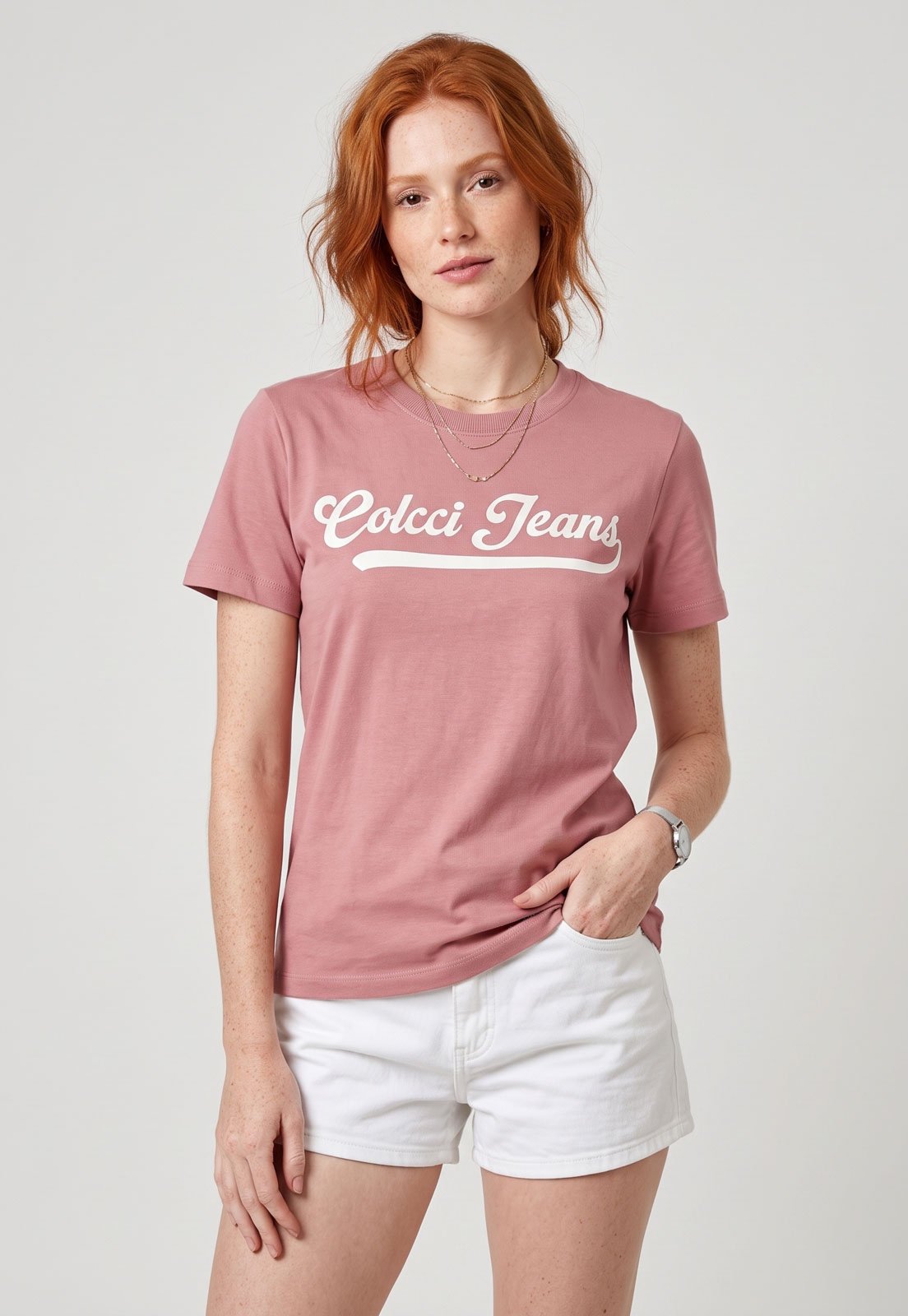 Camiseta Feminina Colcci Jeans Logo Estampado Rosa