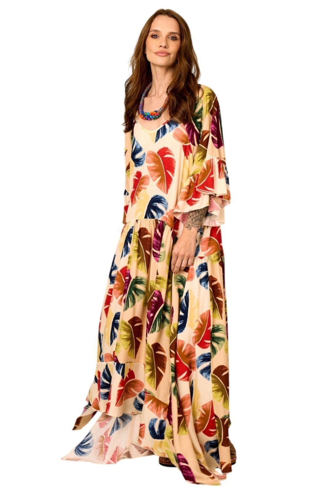 Vestido Midi Amplo Bege Estampa Costela De Adão Yacamim D11 – Estampado