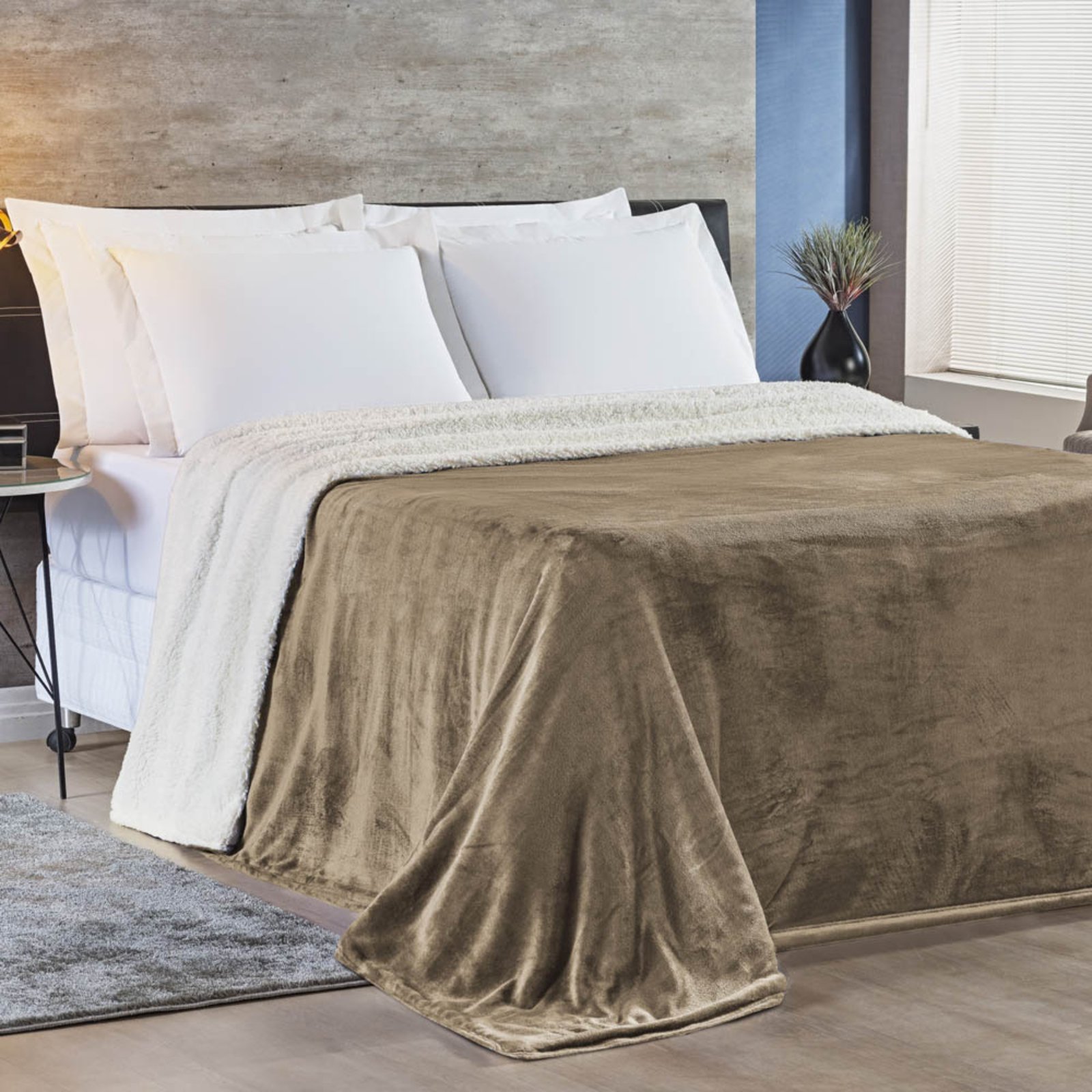 Cobertor Casa Scarpa Fênix King Sherpa Pele de Carneiro + Mantinha Flannel - Bege