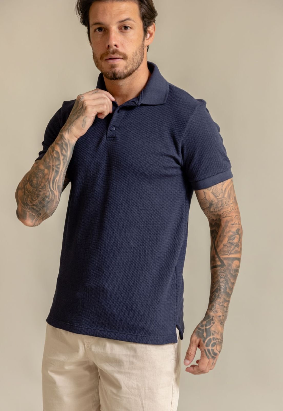 Camisa Polo Tricot Masculina com Elastano Color Dialogo Marinho