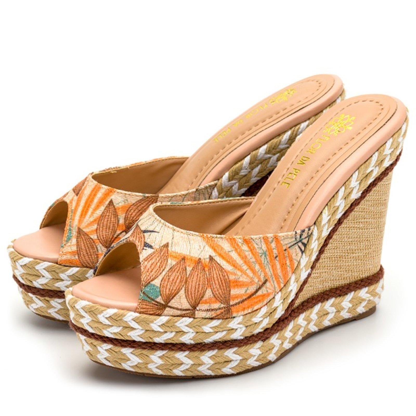 Tamanco Feminino Anabela com Sisal Tecido Floral Caramelo Lançamento