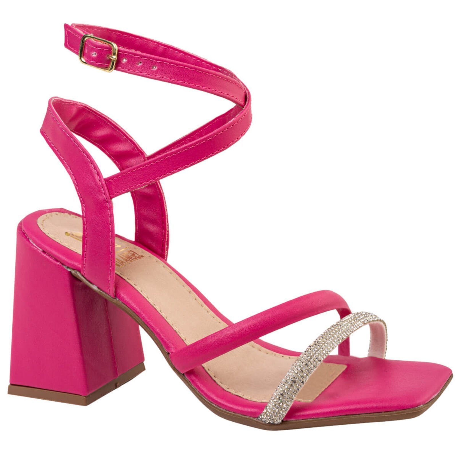 Sandalia Feminina Salto Alto Grosso Tira de Strass Confortavel Via Angel 7301 Pink