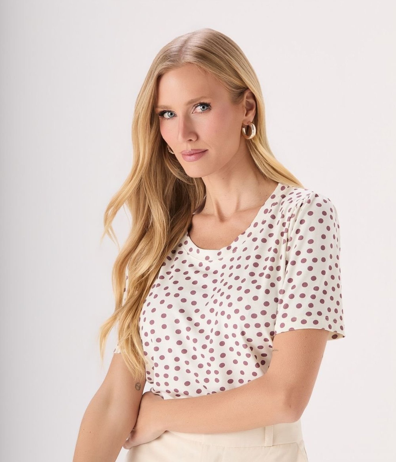 Blusa Makenji Malha Estampa Poa Franzido Manga Feminina Poa