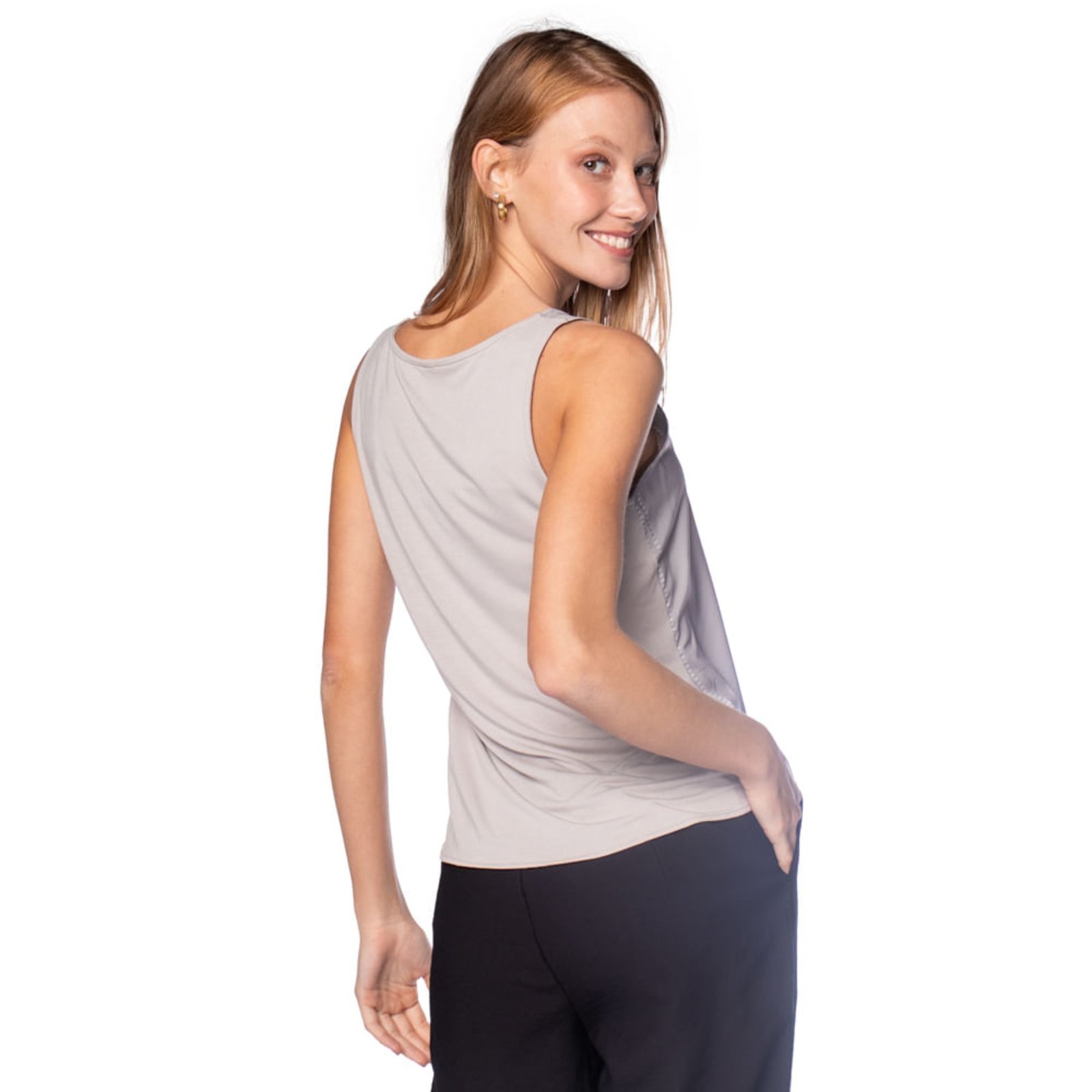 Vista 3 Blusa Feminina Cativa Regata Detalhe Frontal Branco cinza Cativa cinza